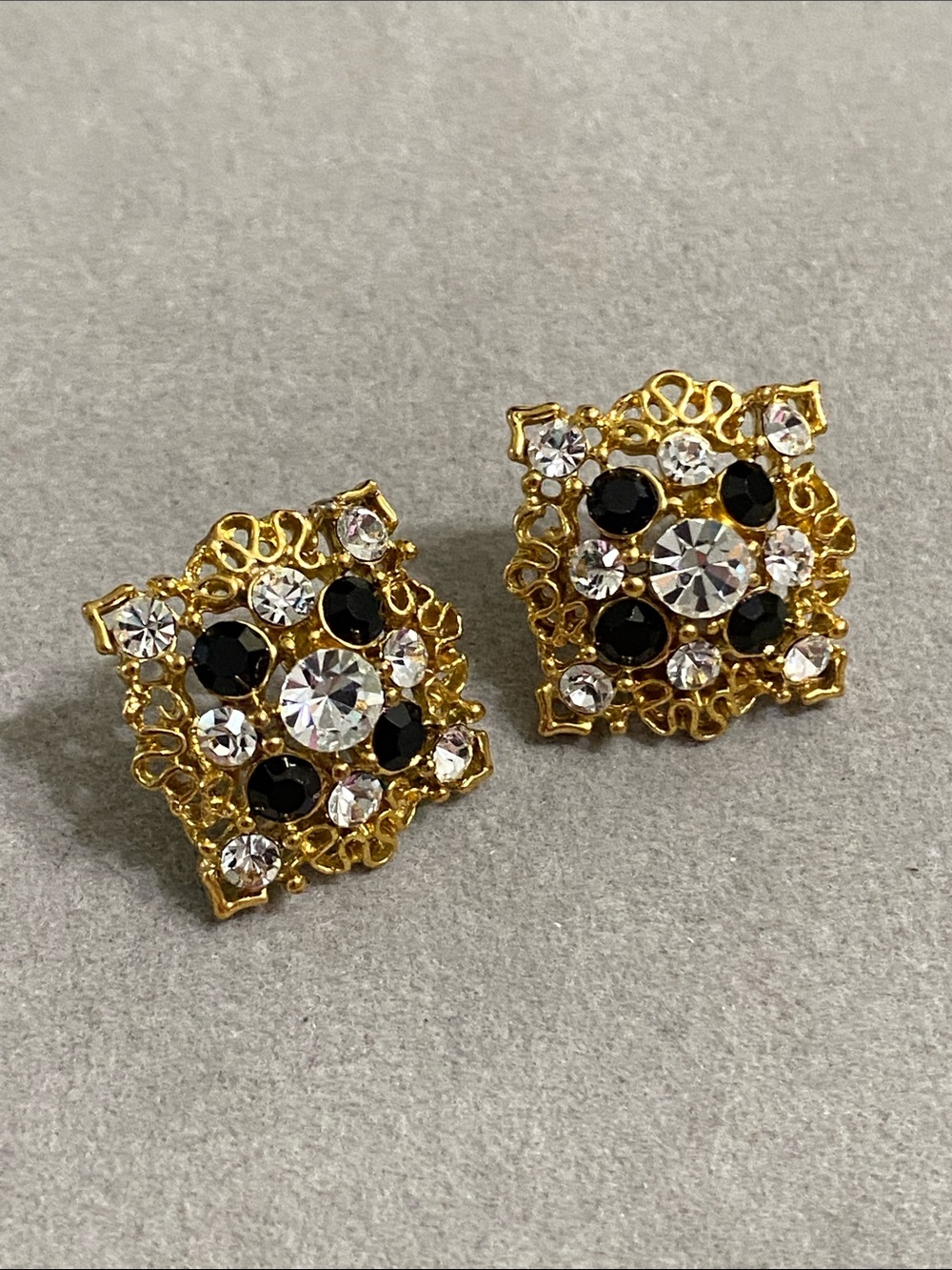 Gold Filigree Clip-On Earrings with Black & Clear Crystals